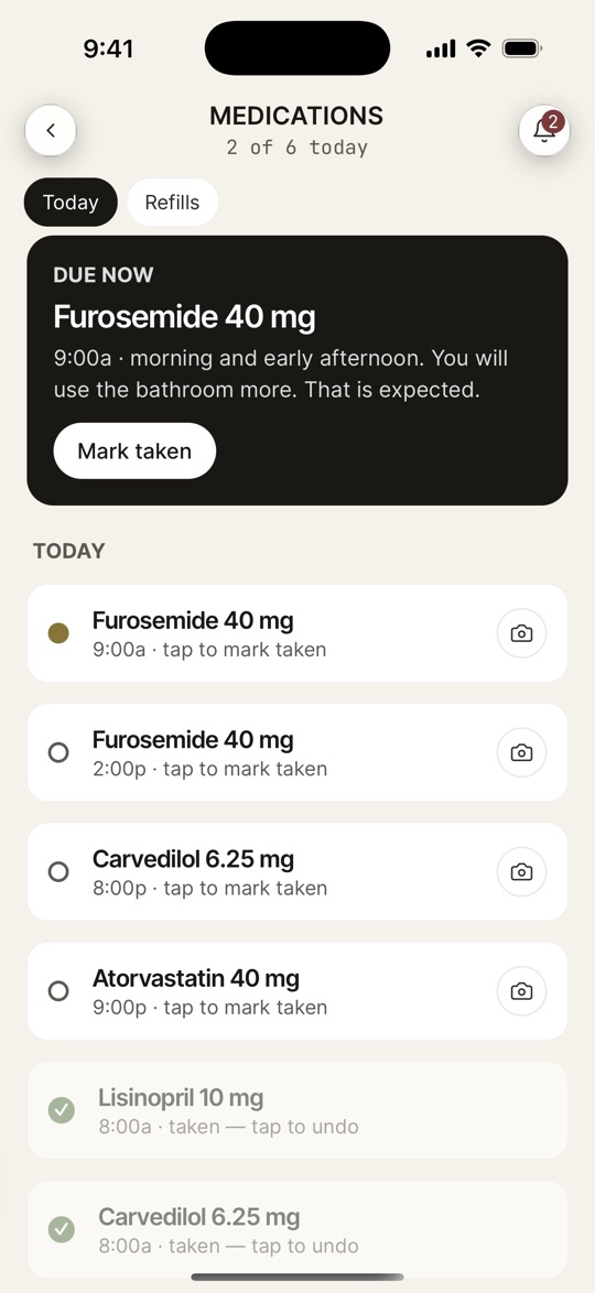 The Medications screen on iPhone, showing the dose due now with what it is for, the rest of the day still to come, and two doses already marked taken.