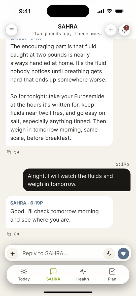 A conversation on iPhone: SAHRA asks whether his shoes are tighter and whether his ring still turns, and he answers that the left one is and it does not.