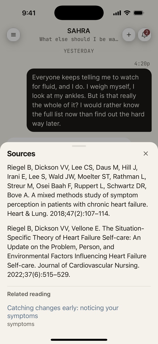 A conversation on iPhone with the sources open: the patient asks whether watching for fluid is the whole of it, and the sheet beneath names both research papers SAHRA drew on, in full.