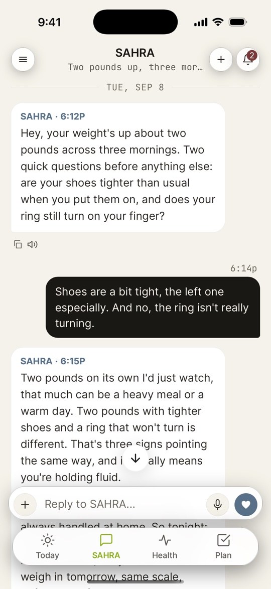 A conversation on iPhone: SAHRA shows a chart of the last seven days of weight, asks about shoes and rings first, and reads the week as steady once he answers.