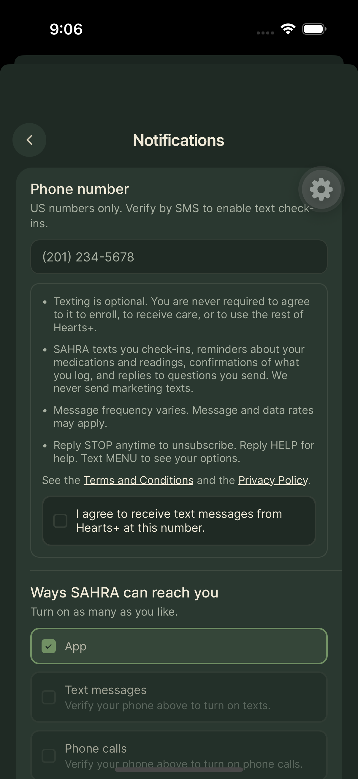 Settings, Phone and SMS. The consent box is not selected. No number has been entered and no message can be sent from this state.