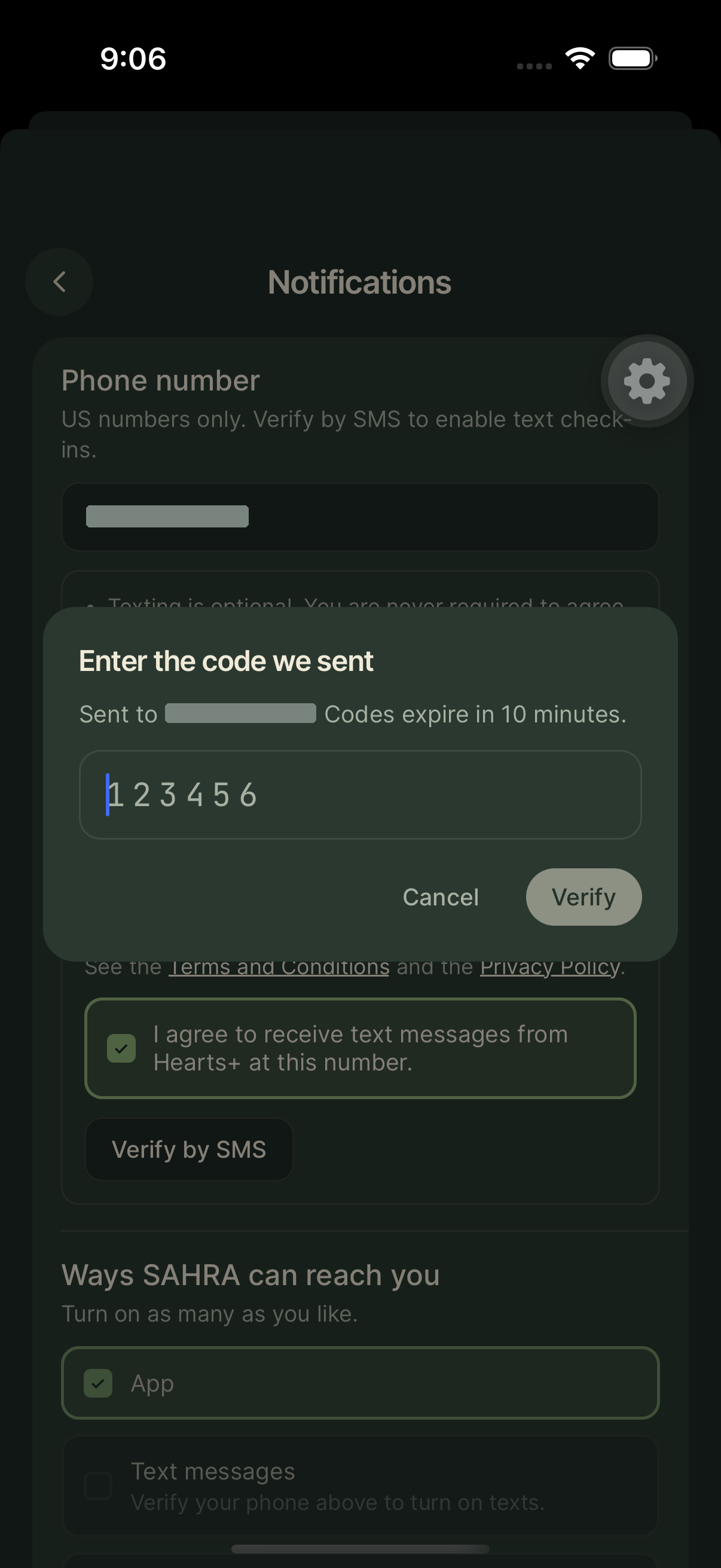 The same screen after the patient selects the consent box themselves. Only now does Verify by SMS appear, and the patient confirms a one time code sent to the number they entered, which proves they control it. The mobile number is redacted; these were taken on a test account.