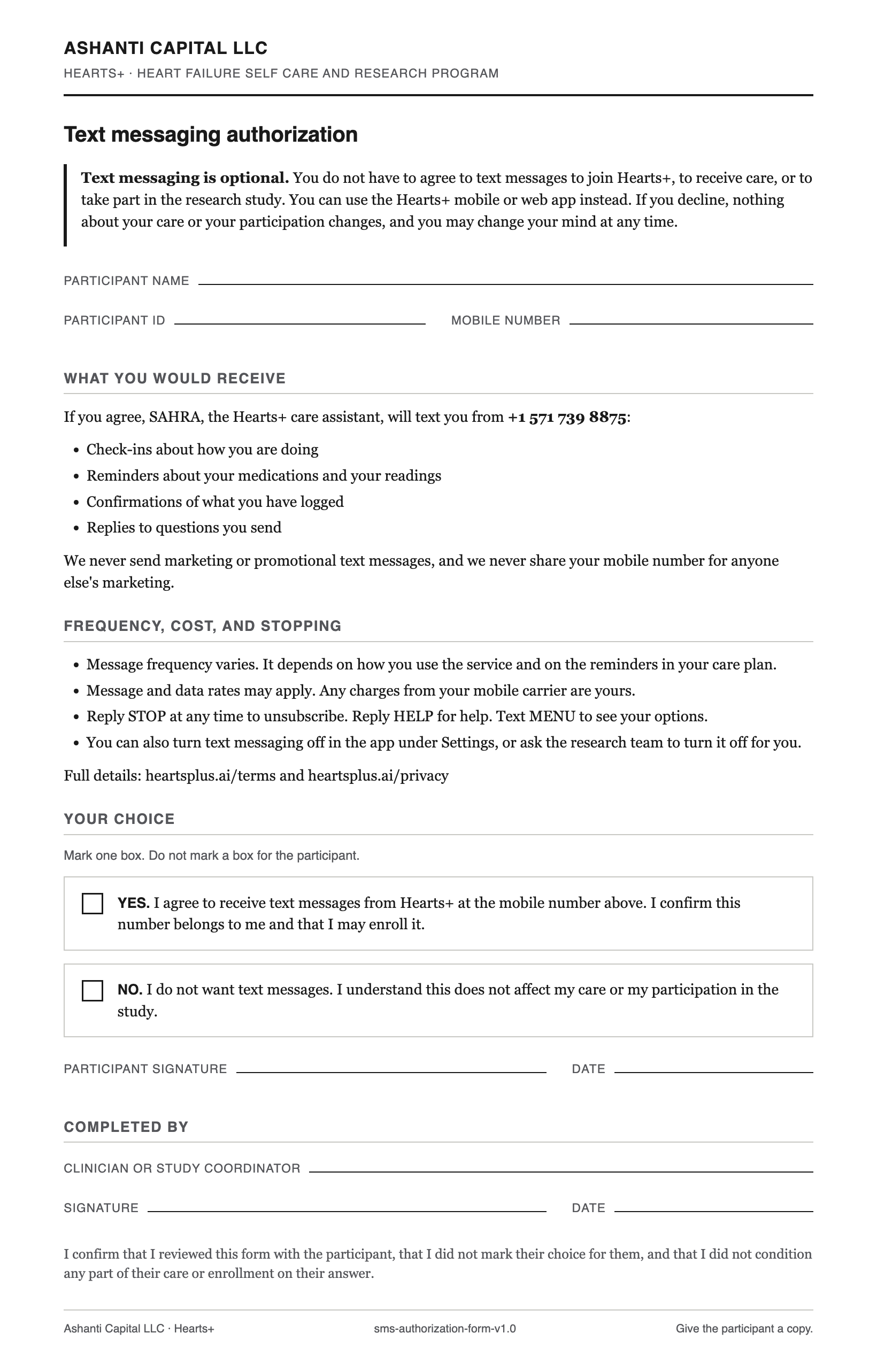 The written text messaging authorization reviewed with the patient at enrollment by their clinician or study coordinator, shown blank as it is presented. Neither choice is marked, and the coordinator attests in writing that they did not mark it for the patient.